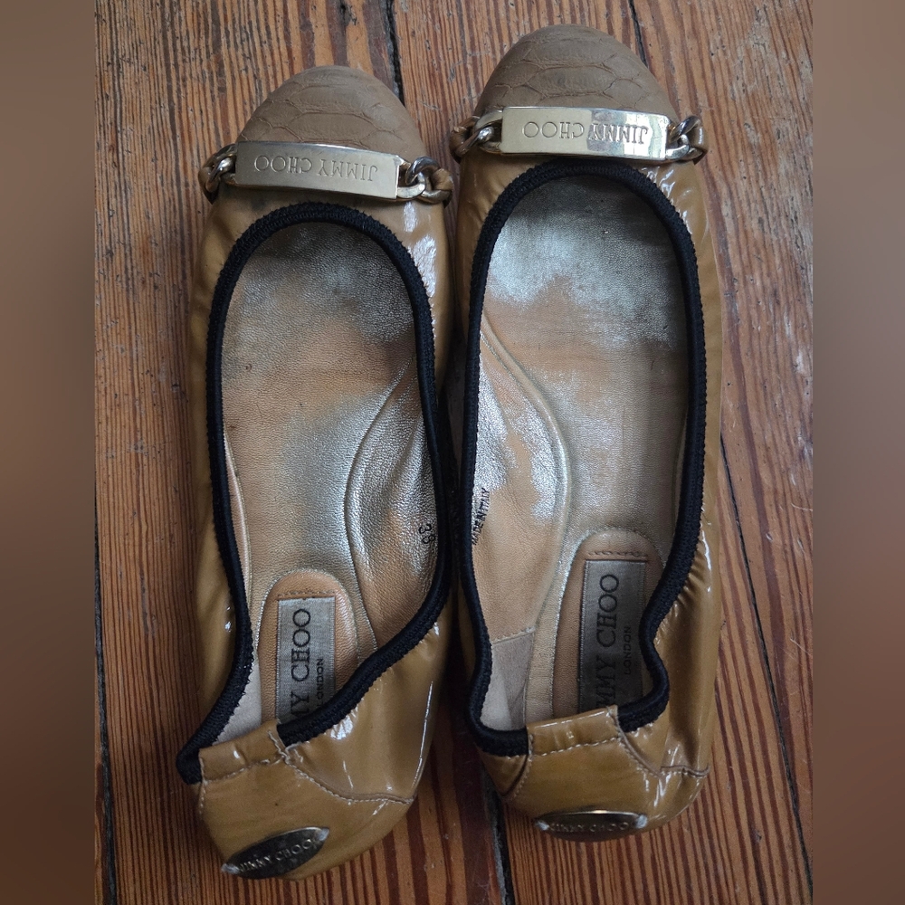 Jimmy Choo Ballet Flats Patent Leather Embossed Tan Gold Hardware Loafers 38 (8) - Picture 5 of 11